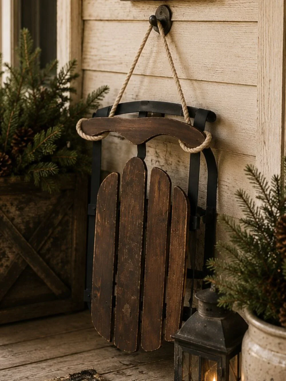 Vintage Rustic Primitive Wooden Snow Sled With Rope Porch Decor